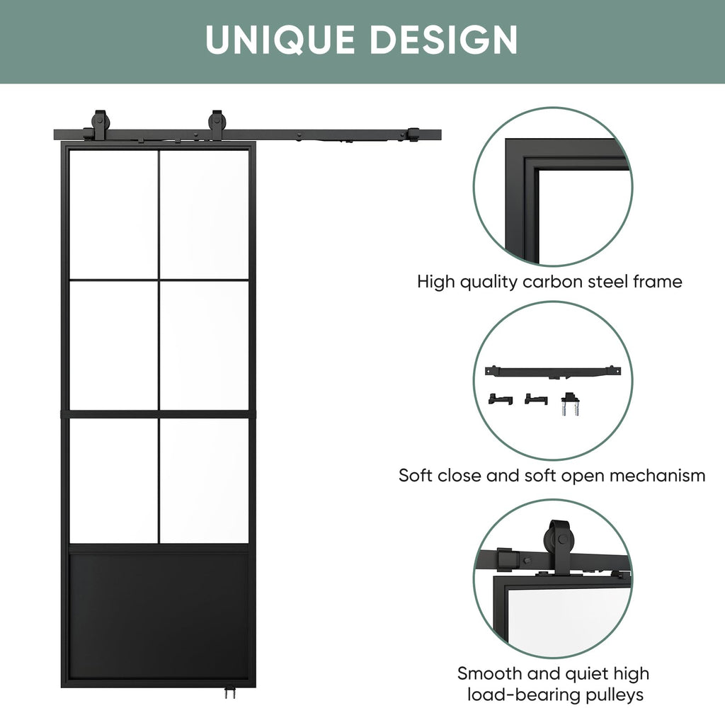 JUBEST 32in x 84in Glass Barn Door, Frosted Tempered Glass Carbon Steel Pre Drilled Frame Sliding Barn Door Panel with 5.5FT Hardware Kit and Soft Close Mechanism