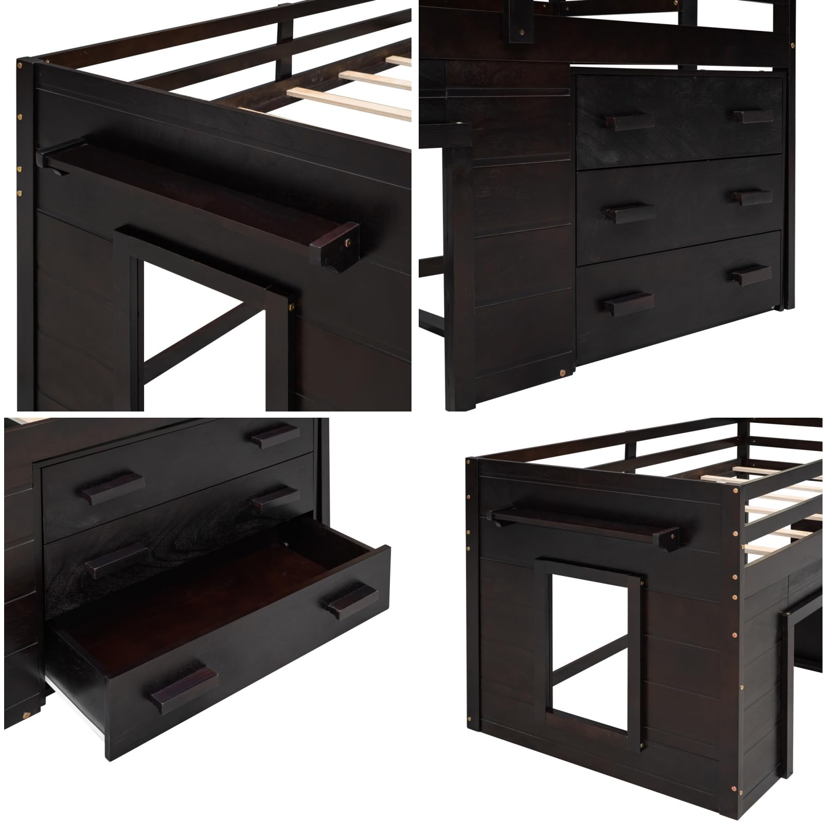 Merax Twin Wooden Loft Bed，Wood Bedframe for Kids Teens， Adults Bedroom with Cabinet, Shelf, Stairs, Espresso