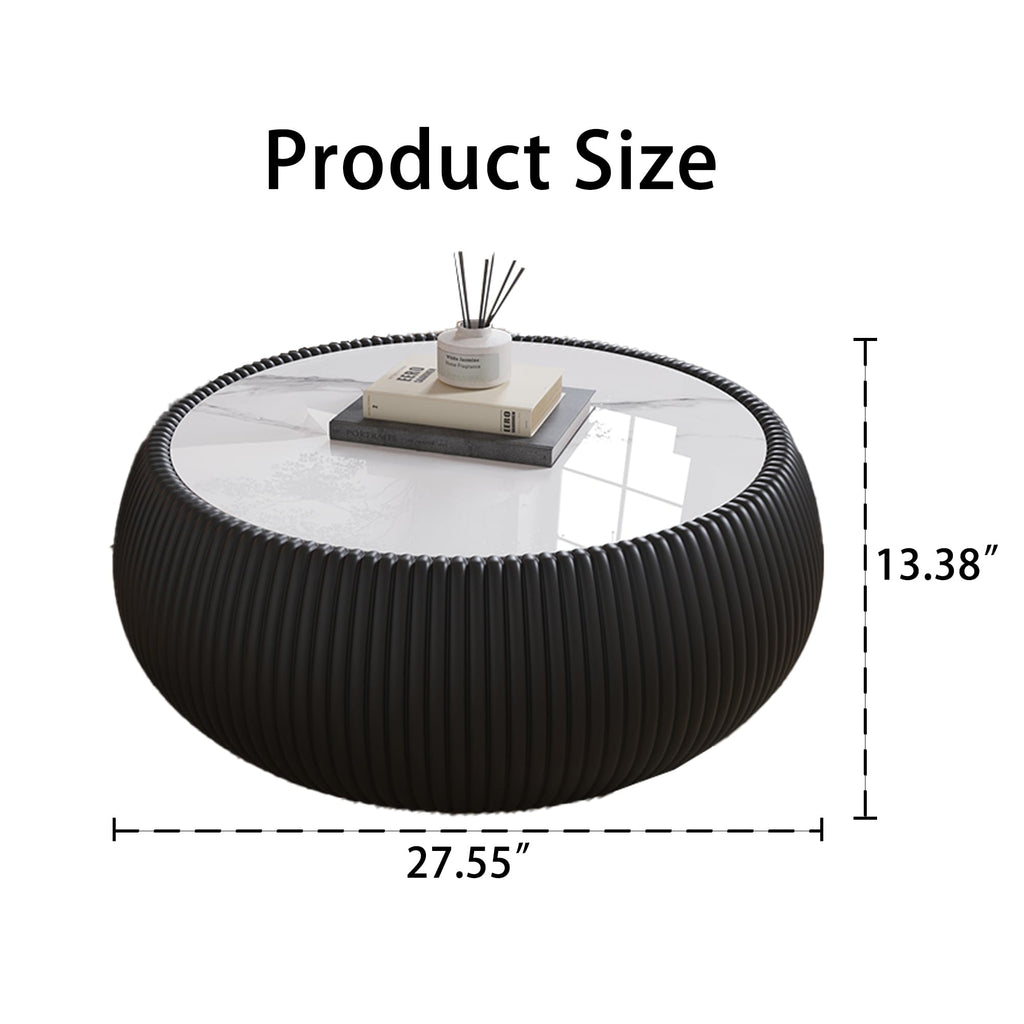 KEIKI Round Coffee Table, Mid Century Modern Tea Tables w/Marble Desktop, No Assembly Required Drum Shaped Corner Center Drink Tables, Accent Side Cafe Desk for Living Room, PU Wrapped Frame, Black