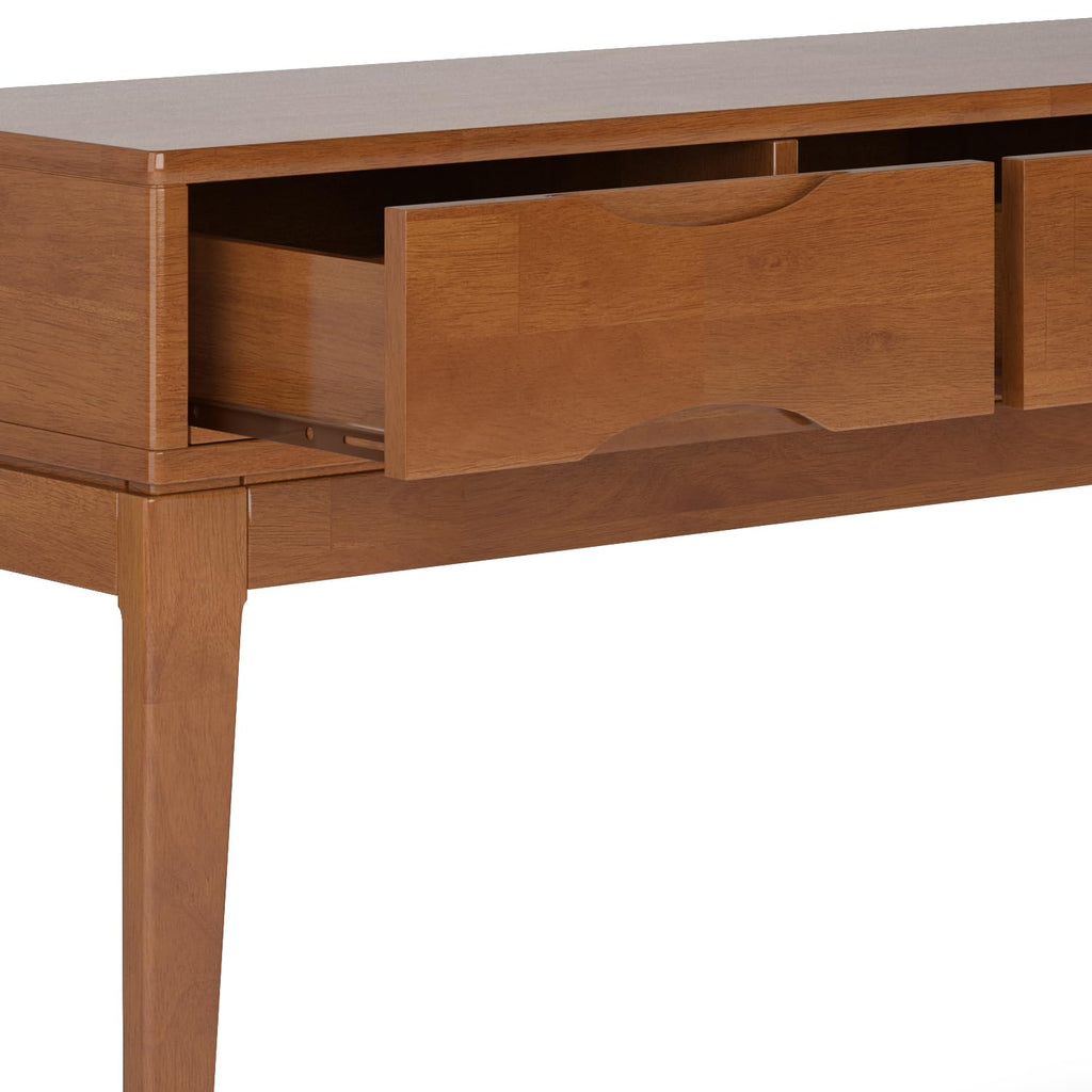 SIMPLIHOME Harper Console Table - 54 Inch Wide Solid Hardwood Sofa Table in Teak Brown, Mid-Century Modern Storage Table for Entryway or Living Room with 3 Drawers, Notched Handles, and Tapered Legs