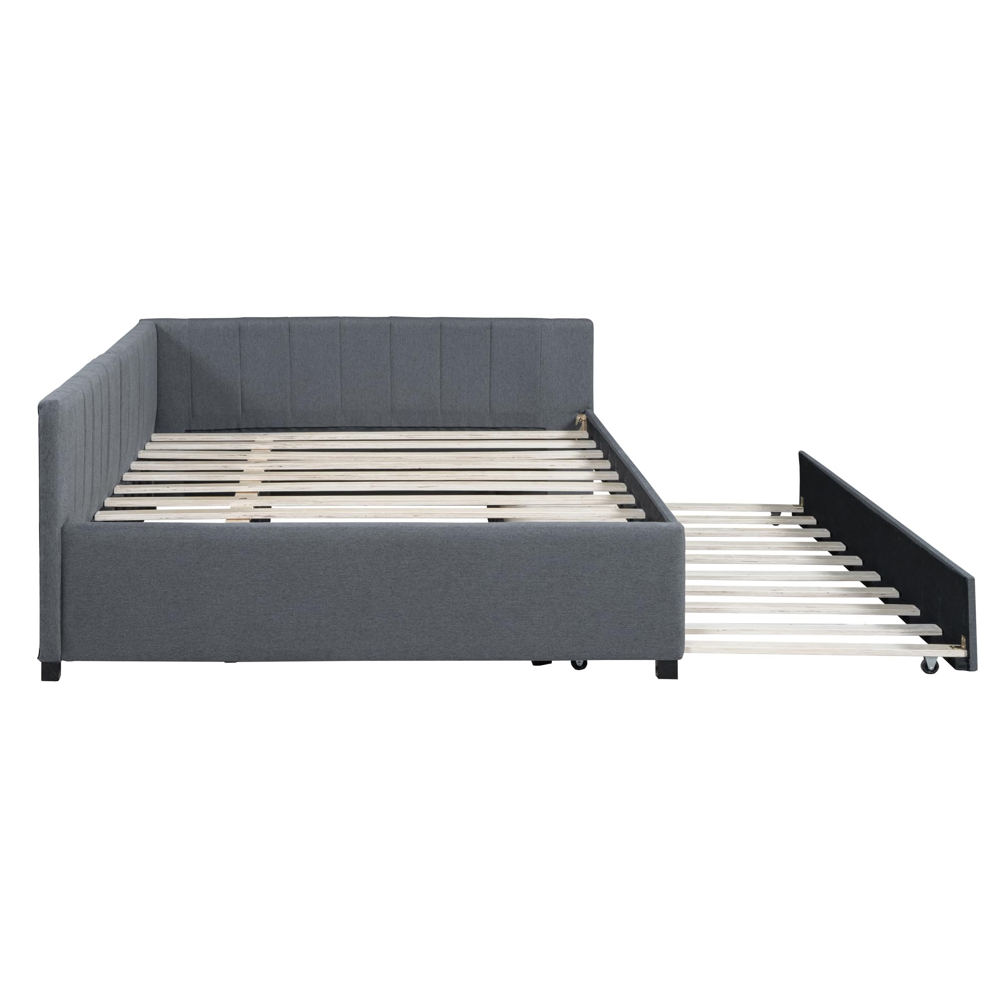 Merax Upholstered Daybed with Trundle, Gray Linen Full Size Sofa Bed Frame, No Box Spring Needed
