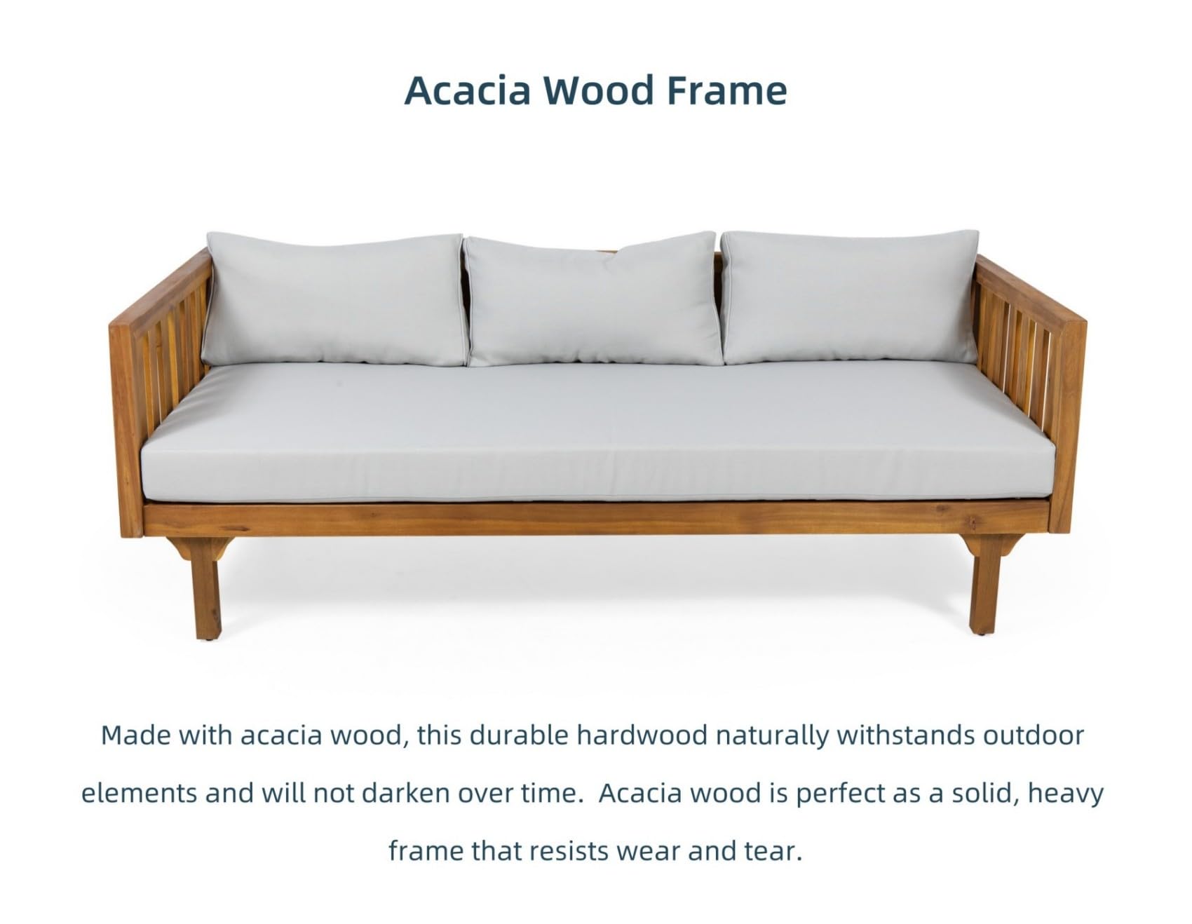 Merax Solid Acacia Wood Couch Chaise Lounge Chair Indoor, 3 Seater Daybed Sofa Couches with Cushions & Pillow, Heavy Frame Day Bed for Living Room, Office, Outdoor, Balcony, Patio, Water Resistant