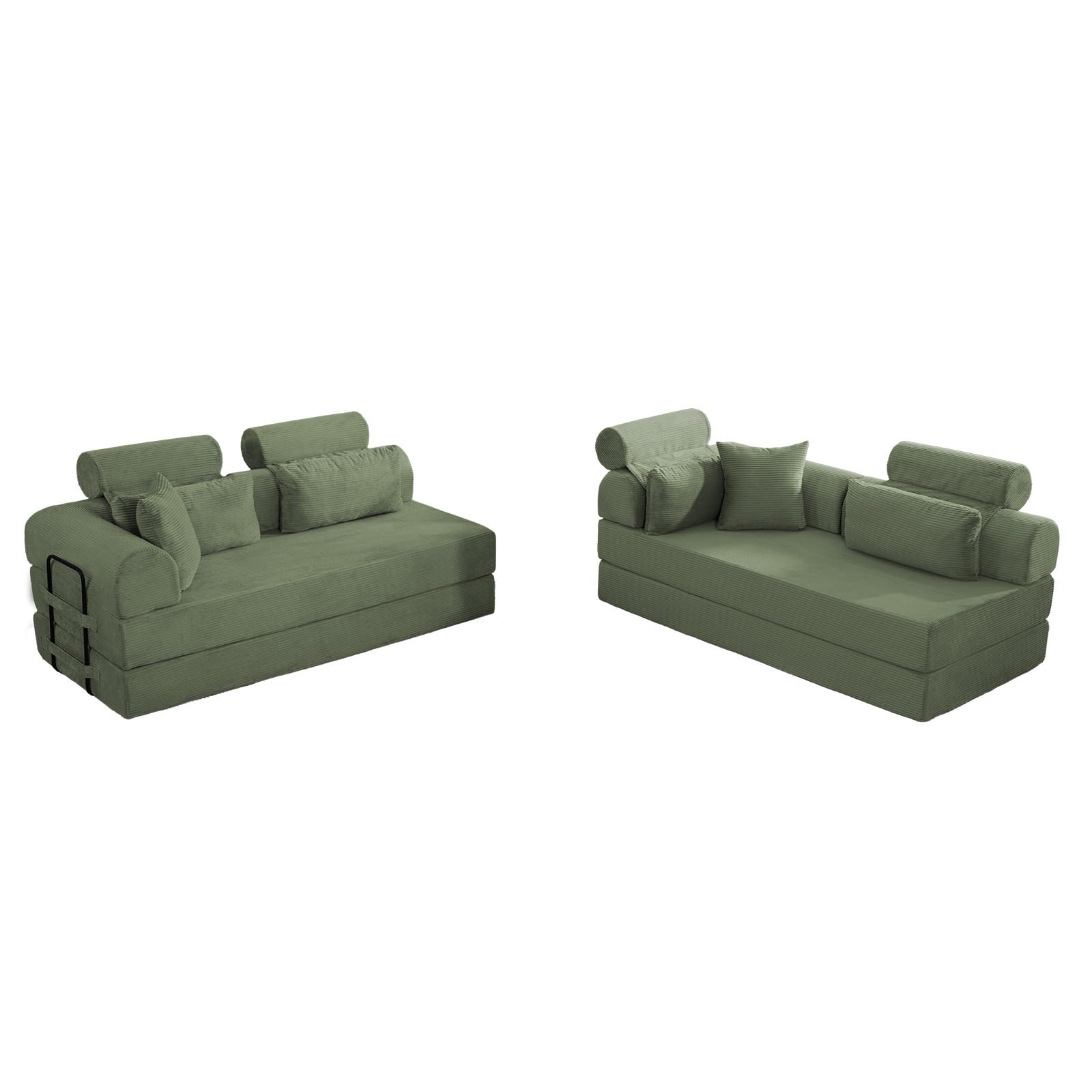 KEIKI 6-in-1 Folding Convertible High Back Sofa Sleeper, 106" Oversized Modular Sectional Corduroy Upholstered L Shape Couches for Living Room, Deep Cushion for Open Concept Living, Grayish Green