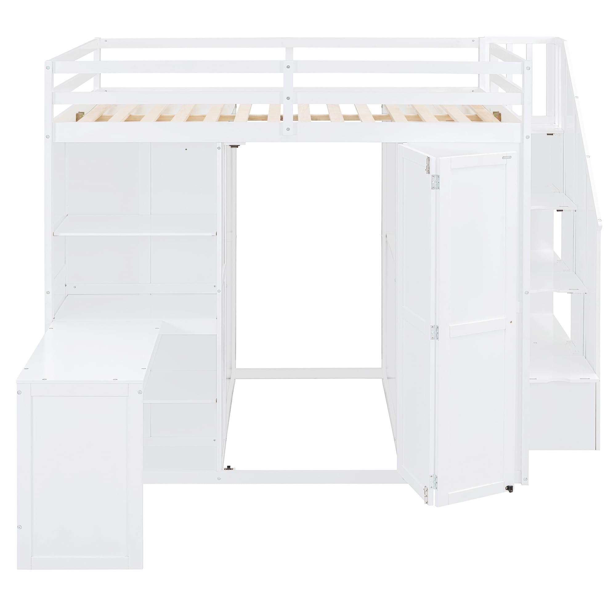 Merax Full Size Loft Bed, Wood Bedframe with Wardrobe, Storage Stairs, Desk and Shelves for Kids Teens Adults Bedroom, White