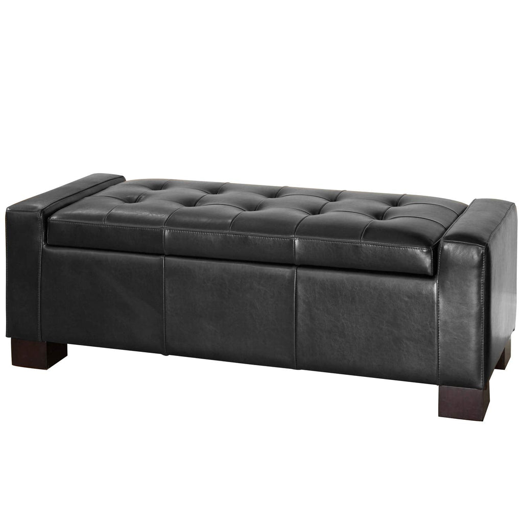 Christopher Knight Home Guernsey Leather Wood-Frame Storage Ottoman, Black