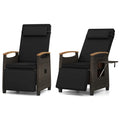 RELAX4LIFE Rattan Outdoor Recliner Chair - Wicker Chaise Lounge Chair w/Adjustable Back & Footrest, Acacia Wood Armrests, Flip Side Table, Cushion, Reclining Patio Chair for Pool Yard (2, Black)