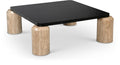 Meridian Furniture 99009Travertine-CT Ferrara Collection Art Deco Coffee Table with Genuine Travertine Legs, Black Finished Solid Oak Wood Top, 42" W x 42" D x 14" H, Natural