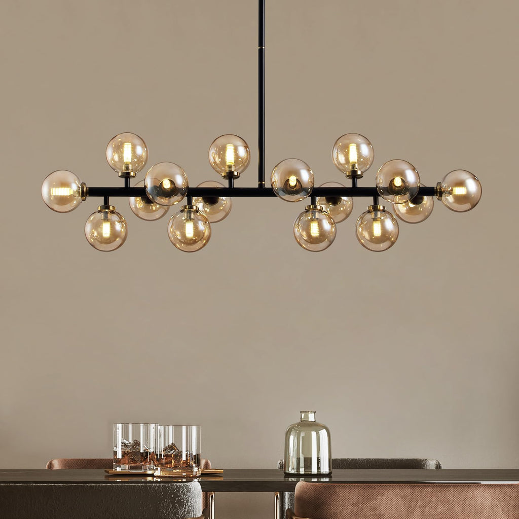 APBEAMLighting Mid Century Modern Chandeliers for Dining Room, 39" Linear Pendant Light Fixtures with Amber Glass Globe, 16-Light Sputnik Hanging Light for Living Room Kitchen Island