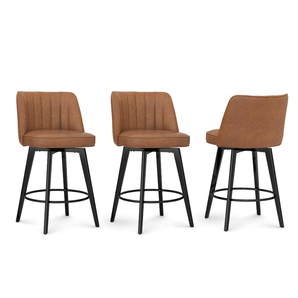 LUE BONA 360° Swivel Leather Bar Stools Set of 3, 26" Counter Height Barstools with Backs and Metal Legs, Modern Upholstered Bar Chairs for Kitchen Island, Brown