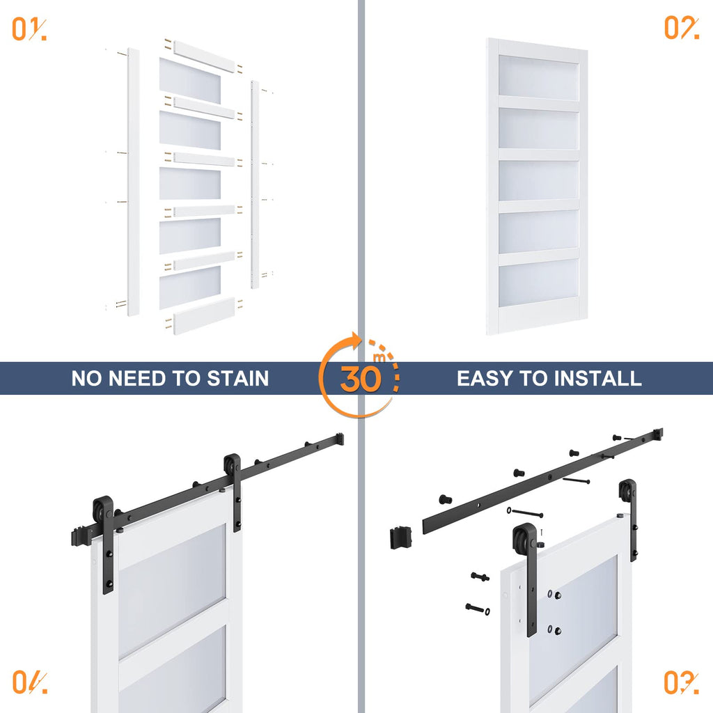 ROYMELO 36x84 Inch Glass Sliding Barn Door Slab and 6.6ft Hardware Kit Included, 5 Frosted Glass, LVL Wood Panel Covered with White Water-Proof Scratch-Proof PVC Surface, Simple DIY Assembly