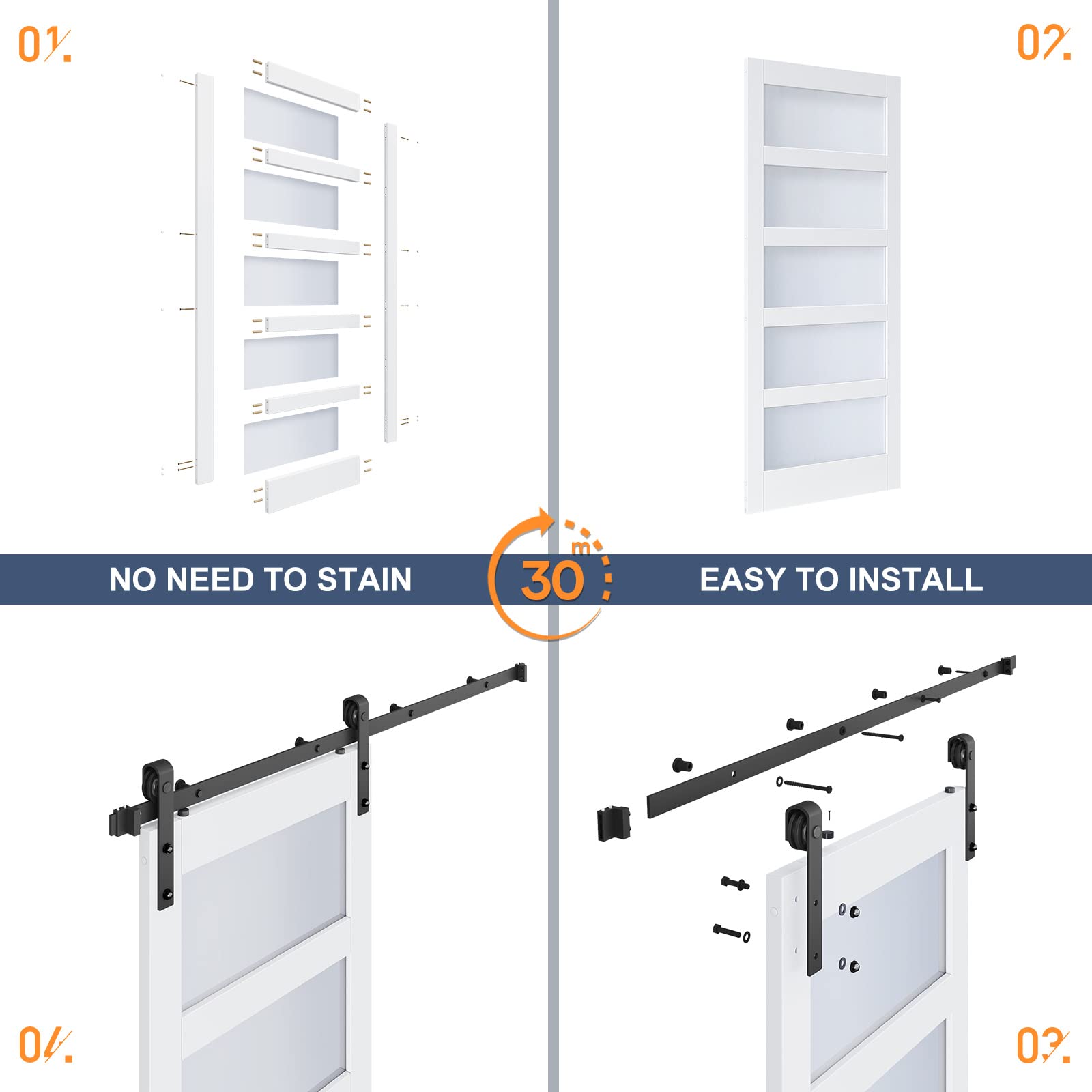 ROYMELO 36x84 Inch Glass Sliding Barn Door Slab and 6.6ft Hardware Kit Included, 5 Frosted Glass, LVL Wood Panel Covered with White Water-Proof Scratch-Proof PVC Surface, Simple DIY Assembly