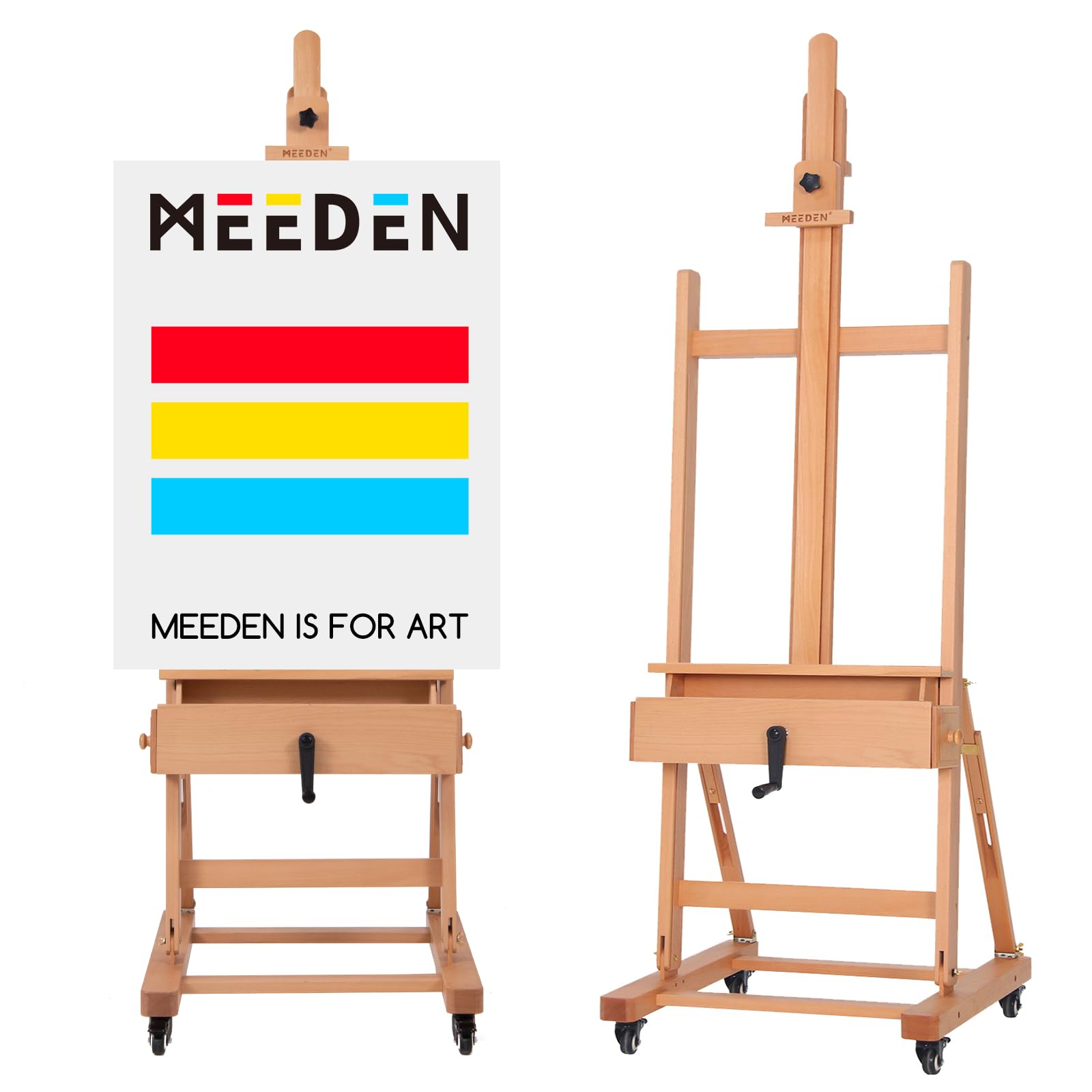 MEEDEN Art Painting Easel: Professional Crank Easel - Heavy Duty Beech Wood Studio H Frame Stand - Height Adjustable 71" to 98"