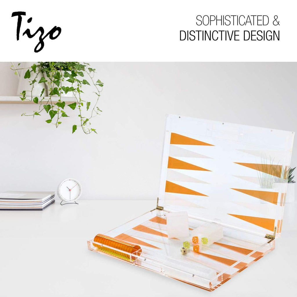 TIZO Elegant 18” Lucite Backgammon Set, Lucite Chips & Cups with Magnetic Closure, Elegant & Practical Boutique Quality Home Décor, Clear, Black & White