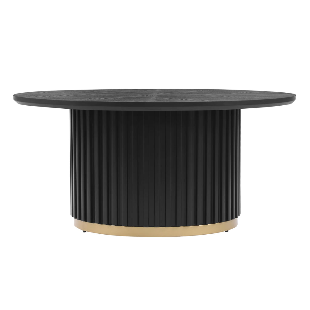 Christopher Knight Home Modern Round Coffee Table 33.46" Fluted Pedestal Base Sculptural Accent Table with Ash Veneer Top and Gold Metal Detail for Living Room Lounge and Minimalist Interiors, Black