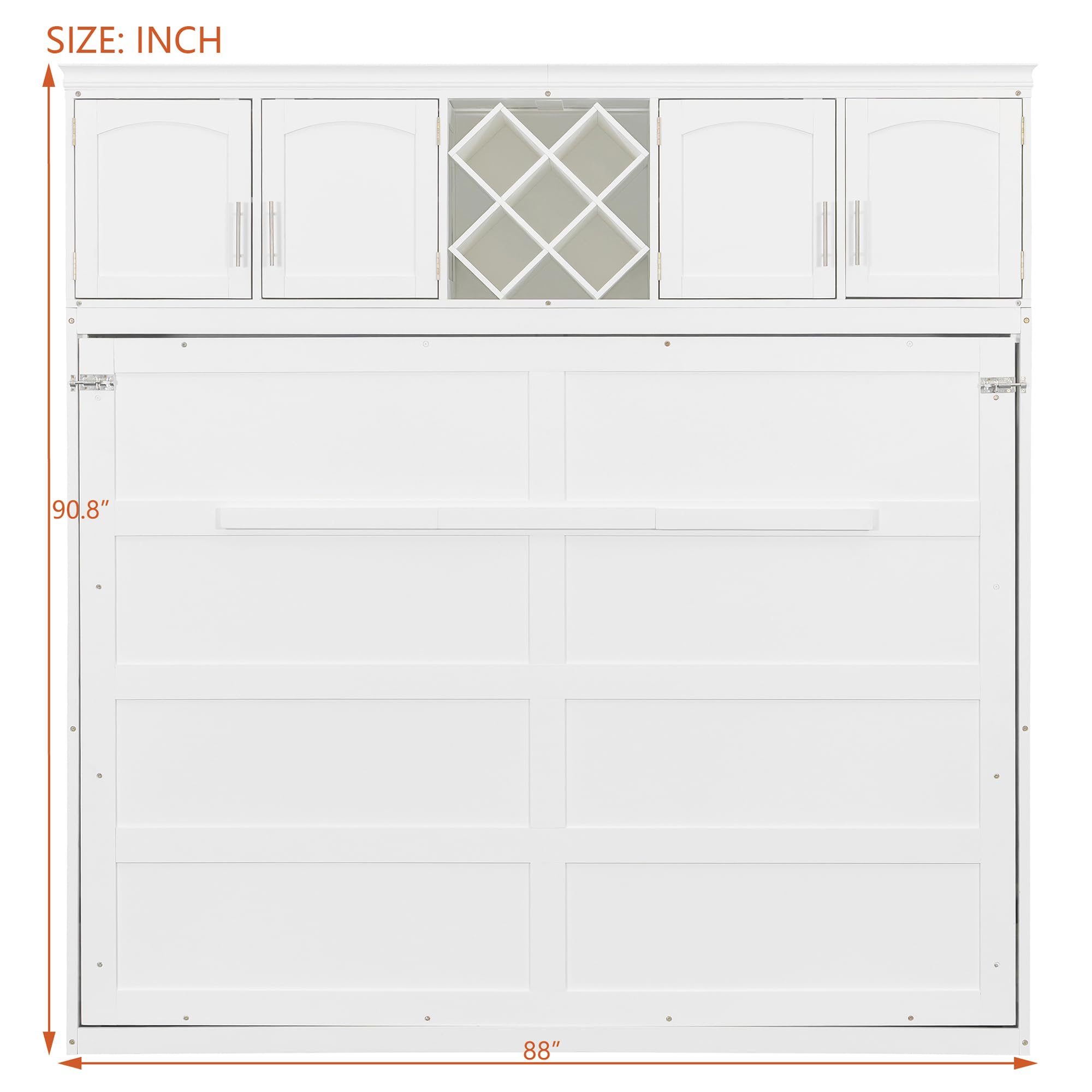 Murphy Bed Queen Size,Murphy Bed with Top Cabinets & Wine Rack,Space-Saving Hideaway Wall Foldable Bed w/Dual Piston Metal Folding Mechanism,Bedroom Folding Bedframe for Guest Room,White