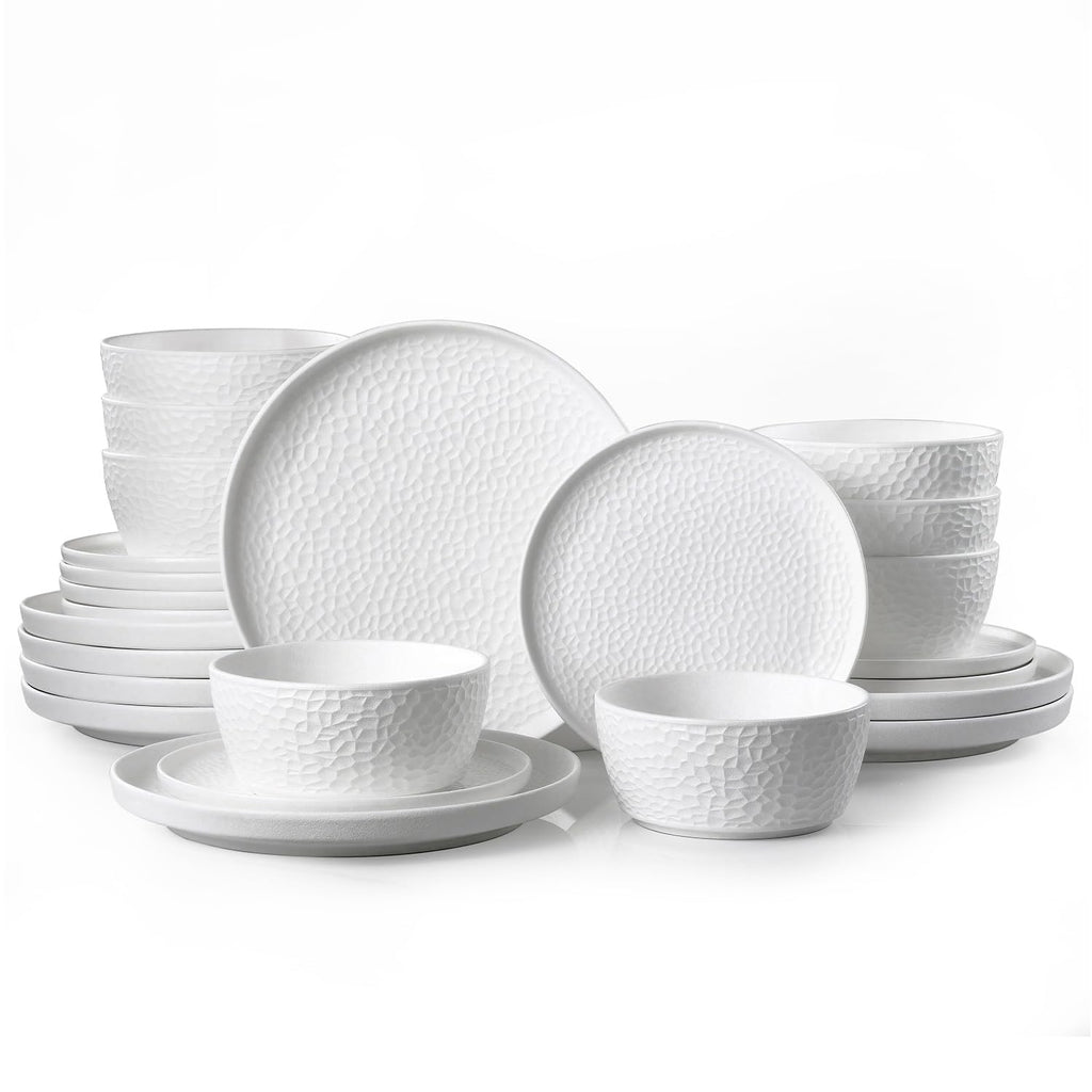 KINGSTONE Ceramic Dinnerware Set, 24-Piece Porcelain Plates and Bowls Set for 8, Matte Black or White, Hammered Texture, Microwave, Dishwasher & Oven Safe, Perfect for Home, Weddings & Gifts