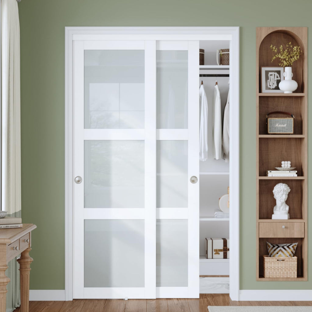 Finosen Preassembled Sliding Closet Door 48"×80"(Double 25"), 3-Lite Frosted Glass Bypass Door with Hardware Kit Include,Wood Slab with Water-Proof PVC Surface, Easy to Install, White.