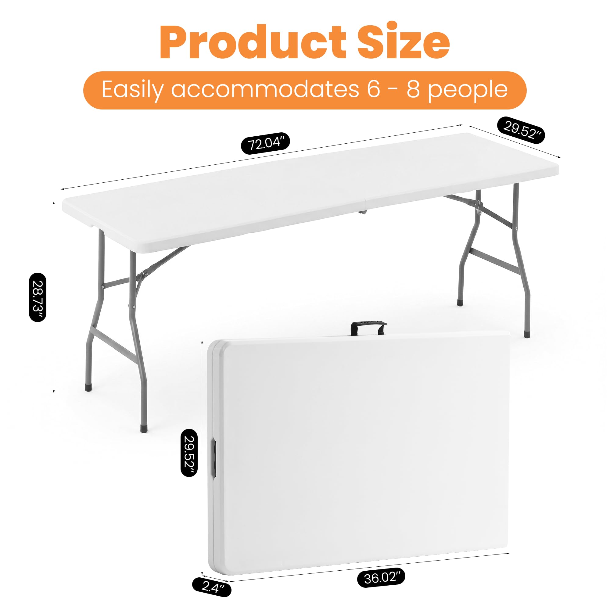 EDWINENE 6FT Plastic Folding Table Heavy Duty Foldable Table Portable Fold-in-Half Desk Table Collapsible White Dining Tables for Wedding Party Banquet Event Use, Set of 5 Pack