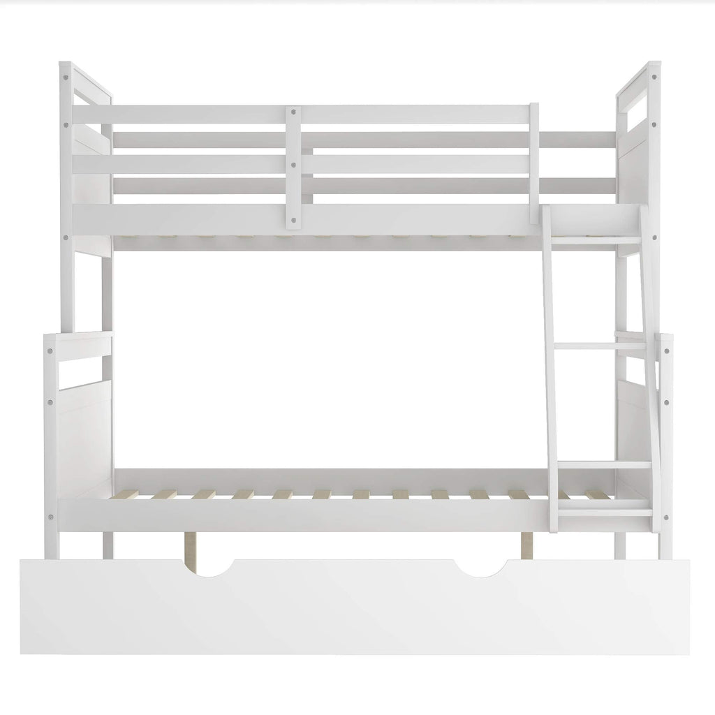 Merax Twin Over Full Wood Bunk Bed Withe Trundle and Safety Guardrail for Teens, Guests，No Box Spring Needed, White