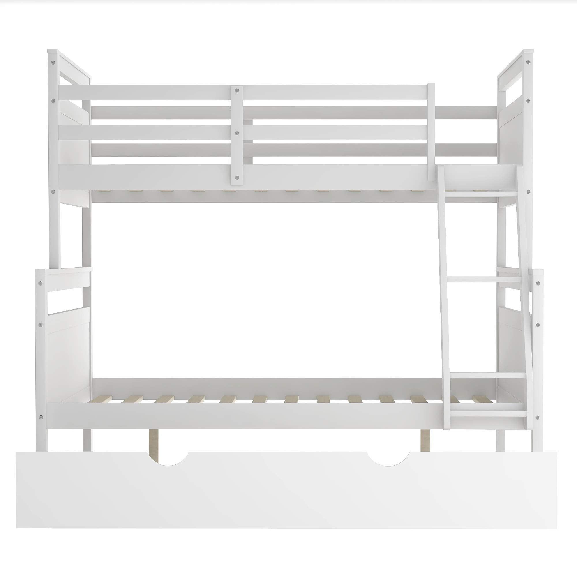 Merax Twin Over Full Wood Bunk Bed Withe Trundle and Safety Guardrail for Teens, Guests，No Box Spring Needed, White