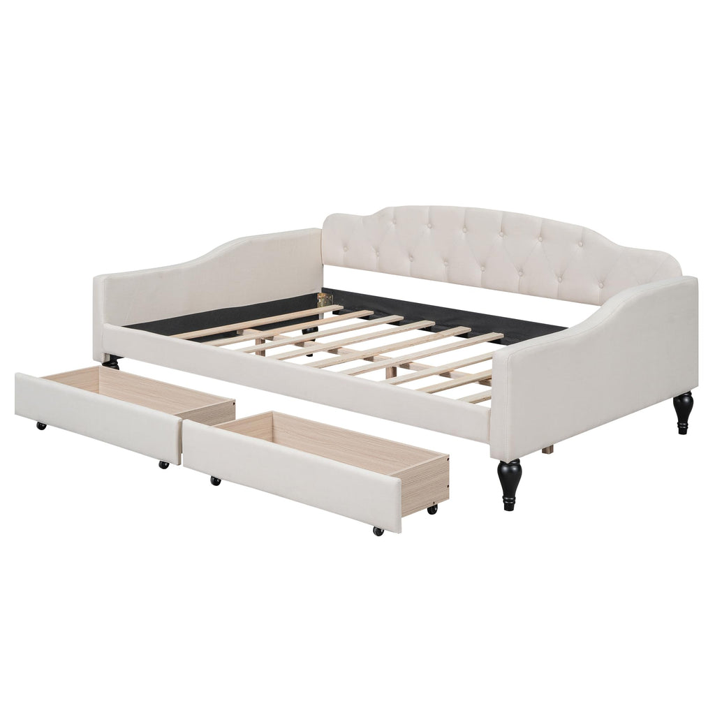 Acosure Full Size Upholstered Tufted Daybed with Two Storage Drawers,Linen Sofa Bed,Easy Assemble & No Box Spring Needed,Perfect for Small Space,Bedroom,Livingroom,Guest Room, Beige