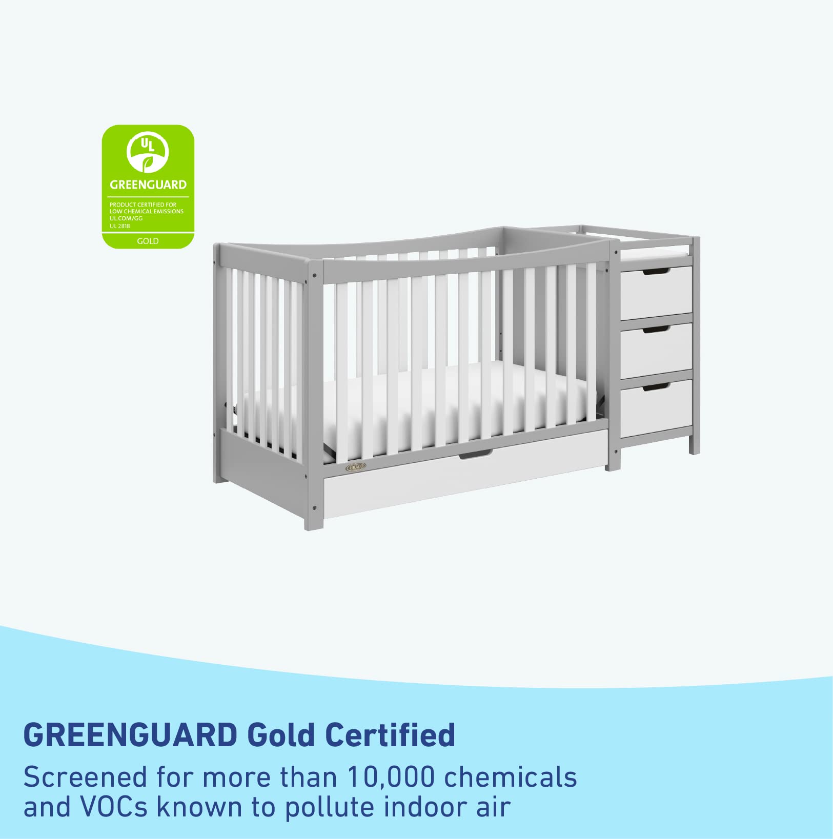Graco Remi 4-in-1 Convertible Crib & Changer – GREENGUARD Gold Certified, Fits Standard Crib Mattress, Converts to Toddler Bed and Full Bed, 4 Adjustable Mattress Heights (Pebble Gray and White)