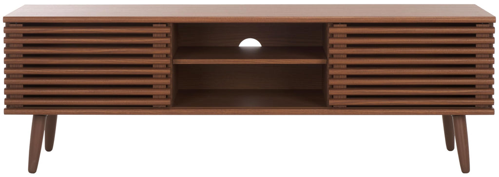 SAFAVIEH Averi TV Stand for up to 65" Flatscreen – Dark Walnut, 2 Sliding Doors with Interior Storage, 2 Open Shelves, Entertainment Media Console (MED9637A)