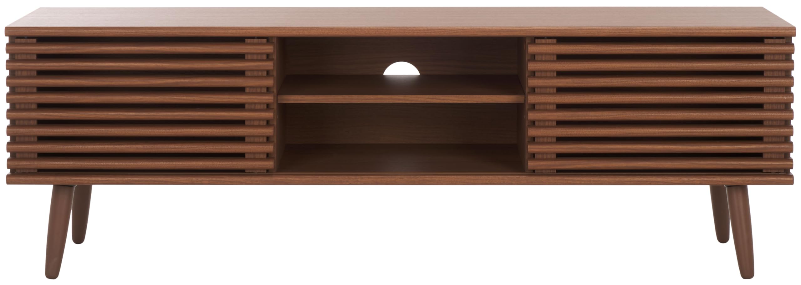 SAFAVIEH Averi TV Stand for up to 65" Flatscreen – Dark Walnut, 2 Sliding Doors with Interior Storage, 2 Open Shelves, Entertainment Media Console (MED9637A)