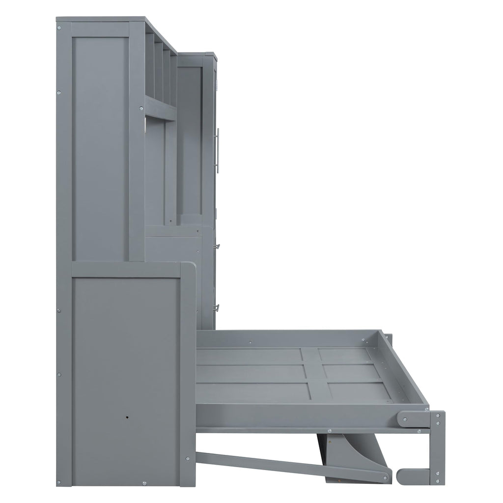 Ball & Cast Full Size Murphy Bed with Closet and 2 Drawers,Hidden Wall Bed with Storage Shelves,Multifunctional Foldable Platform Bed Frame for Samll Space,Bedroom,Guest Room,Easy Assembly,Gray