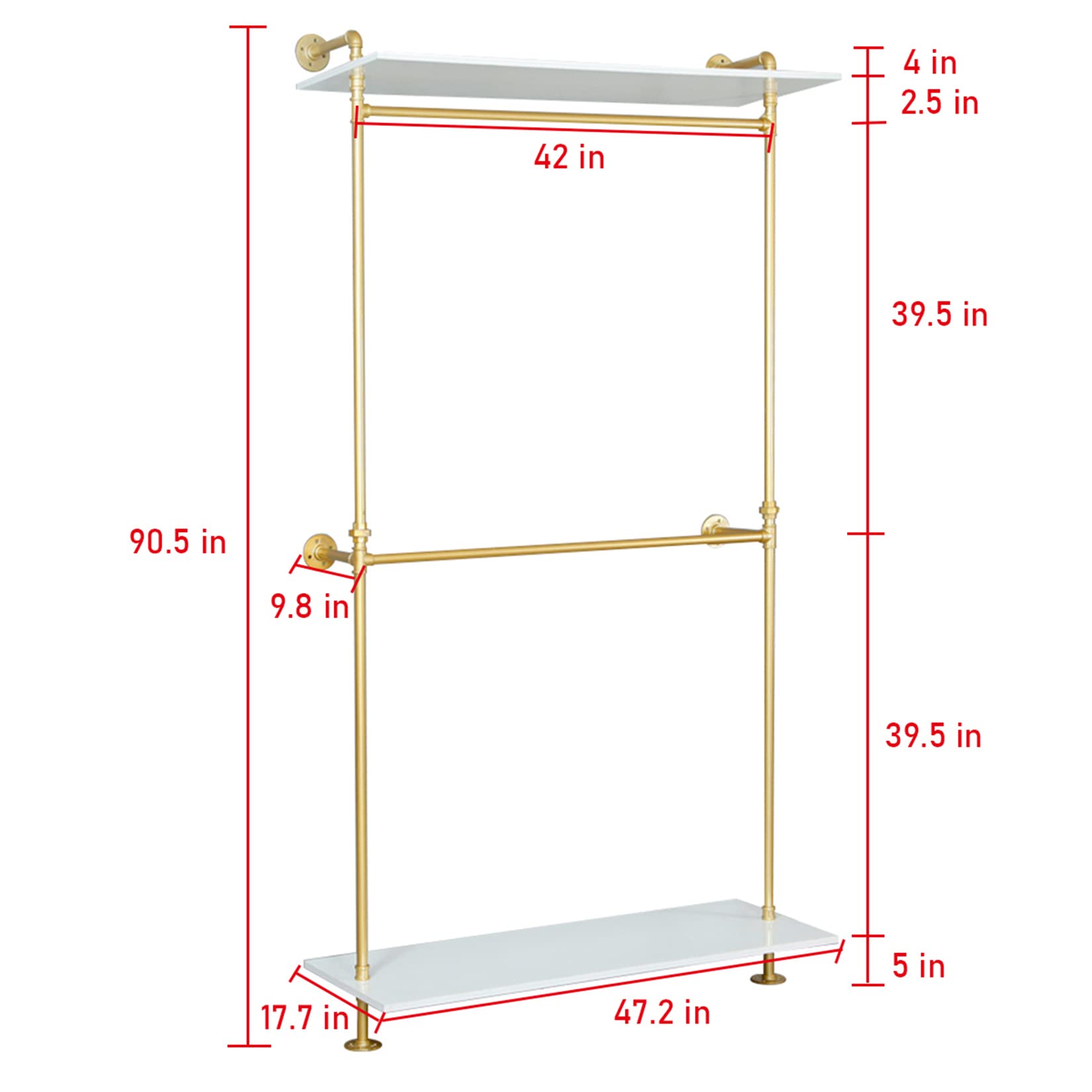 WFDERAN Industrial Clothing Store 2-Tier Pipe and Wood Garment Rack,Wall Mounted Storage Clothes Shoe Bag Hanging Shelves,Retail Shop Clothes Display Stands (Gold, One Pipe Shlef, 47.2" L)