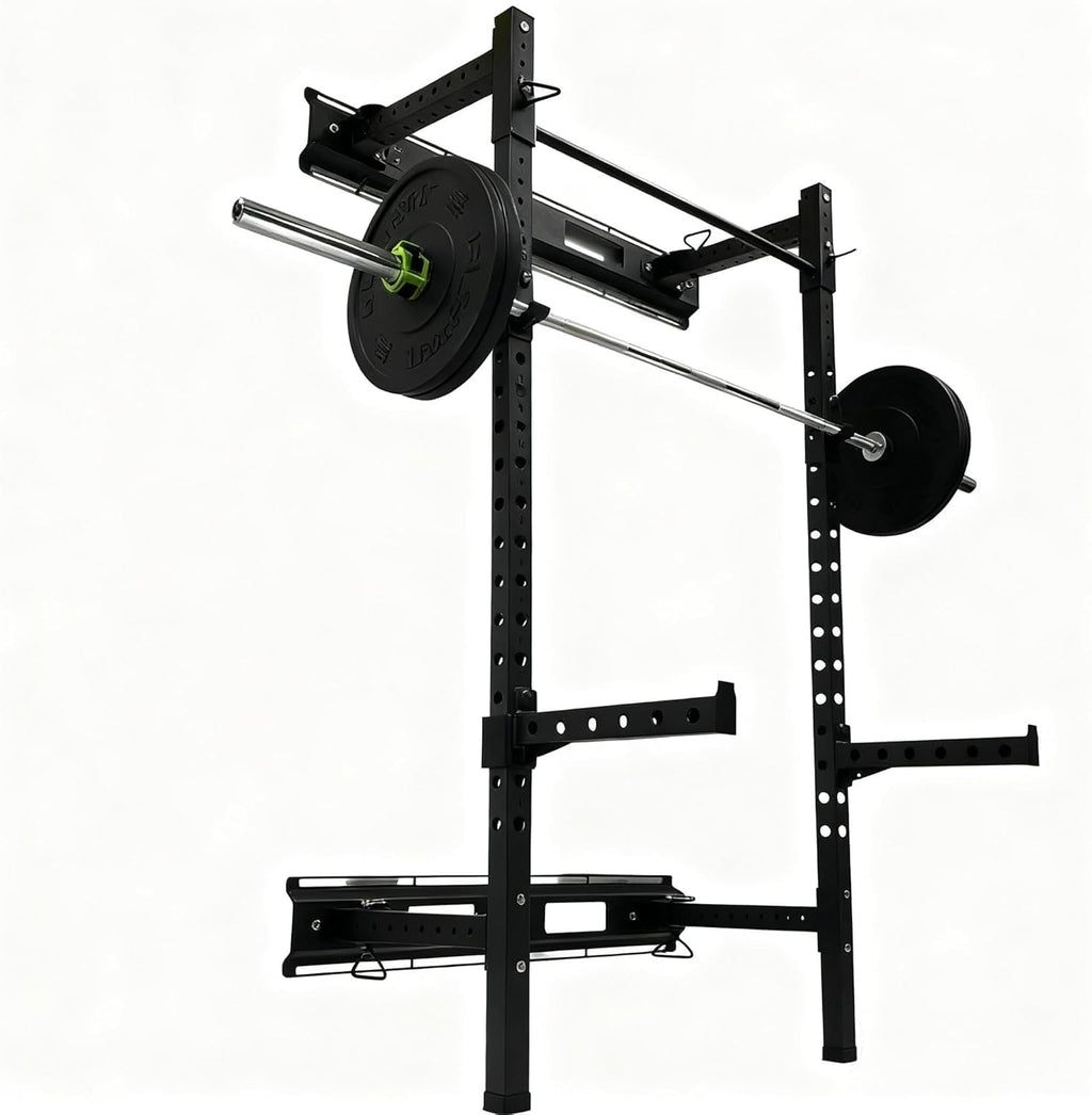 Fitvids Steel Folding Wall Mounted Power Rack Cage with Attachment Accessories - J Hooks and Height Adjustable Pull Up Bar