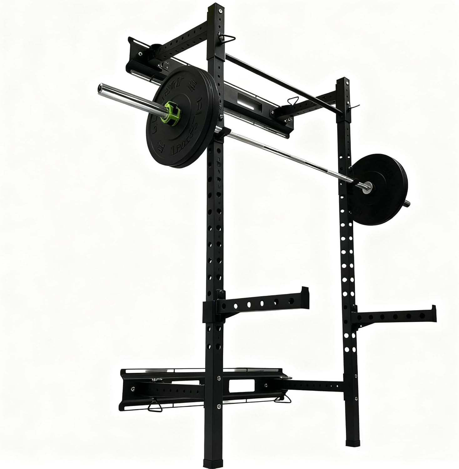 Fitvids Steel Folding Wall Mounted Power Rack Cage with Attachment Accessories - J Hooks and Height Adjustable Pull Up Bar