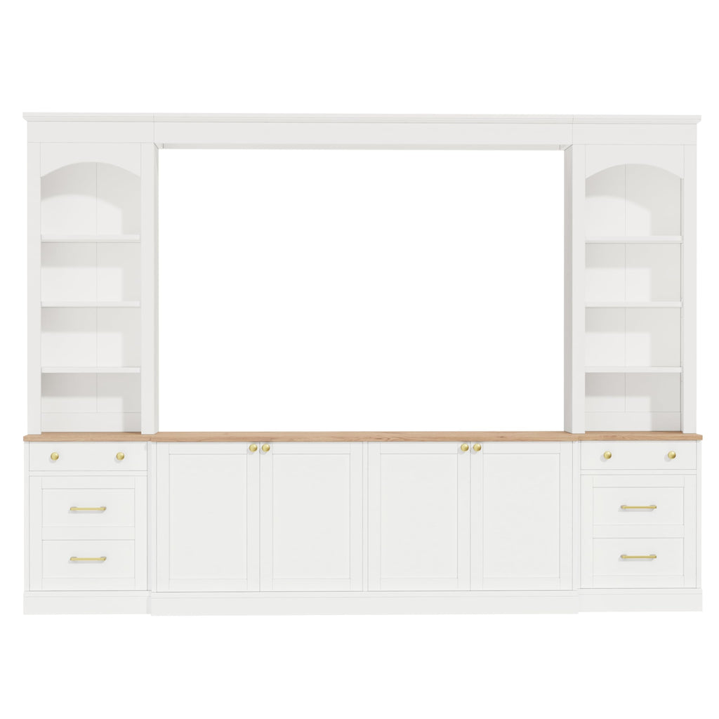 Merax Farmhouse 106-Inch Arched Entertainment Wall Unit Set with Adjustable Shelves, TV Stand for Televisions Up to 70'', Mid-Century Large Media Console with Drawers for Living Room, White