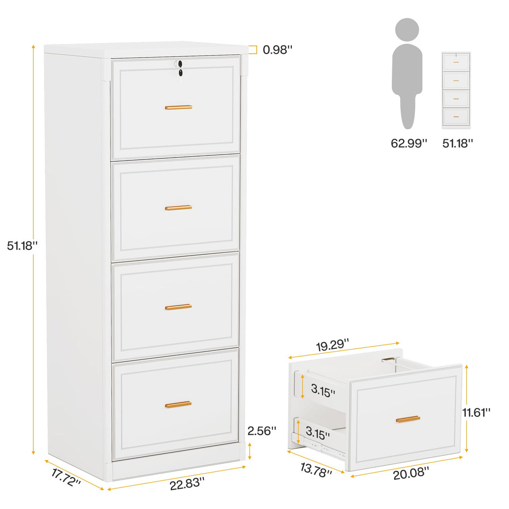 Tribesigns 4-Drawer File Cabinet with Lock, Locked File Cabinet with Key, Tall Wooden Filing Cabinets for Home Office, Vertical Office Storage for Legal Size/Letter/A4/Files, White