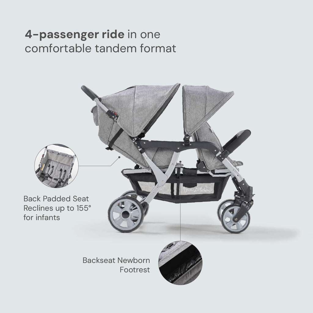 Familidoo H4E Quad Stroller Wagon for Kids, 4-Seater Daycare Baby Stroller with 5-Point Safety Harness, Lightweight & Foldable with All Reclining Seats, Double Canopy & Rain Cover (Gray)