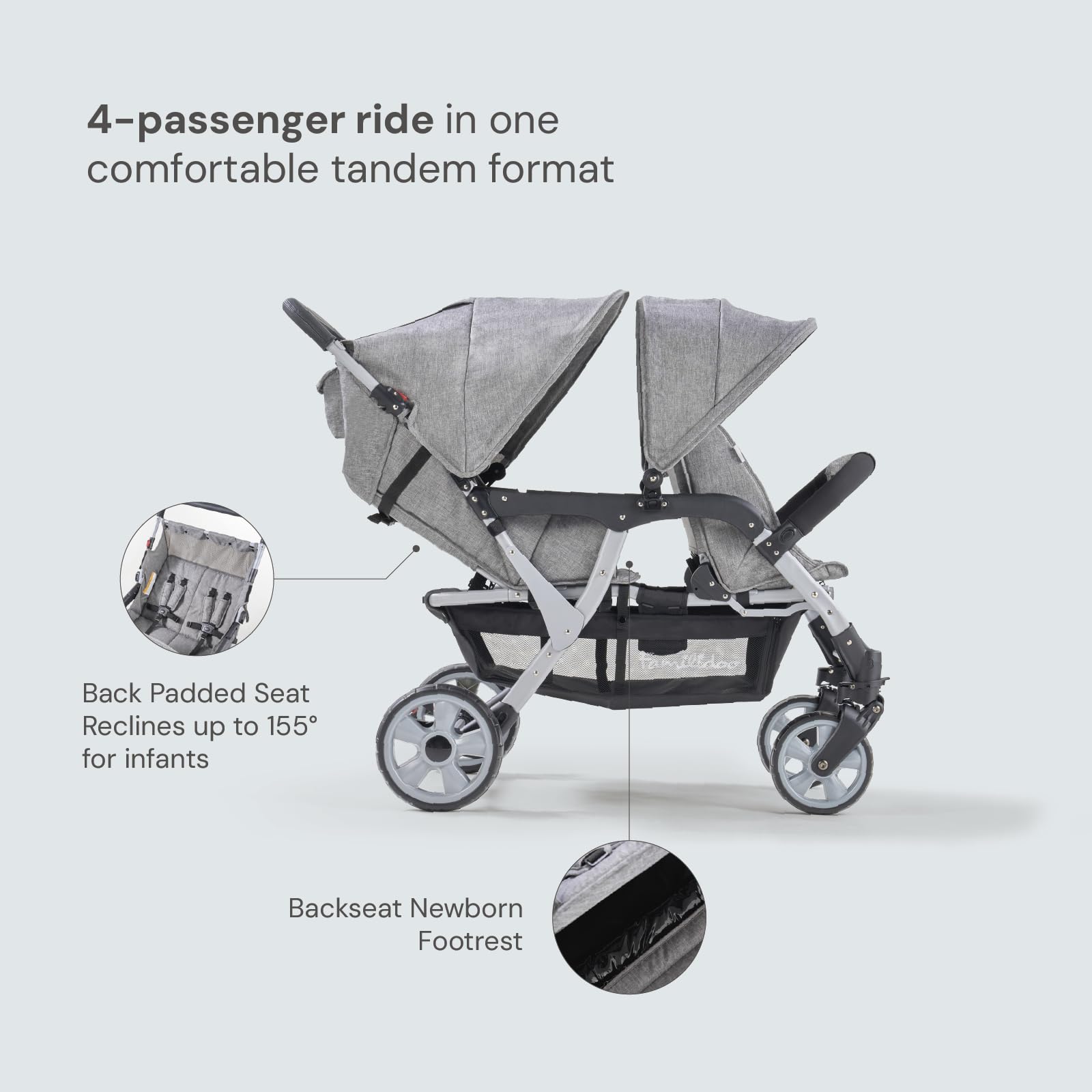 Familidoo H4E Quad Stroller Wagon for Kids, 4-Seater Daycare Baby Stroller with 5-Point Safety Harness, Lightweight & Foldable with All Reclining Seats, Double Canopy & Rain Cover (Gray)