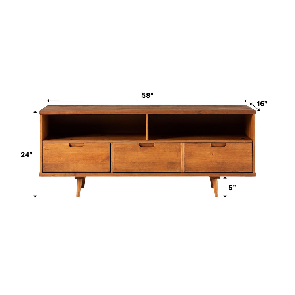 Walker Edison 3-Drawer Mid Century Modern Wood TV Stand for TV's up to 65" Flat Screen Cabinet Door Living Room Storage Entertainment Center, 58 Inch, Caramel