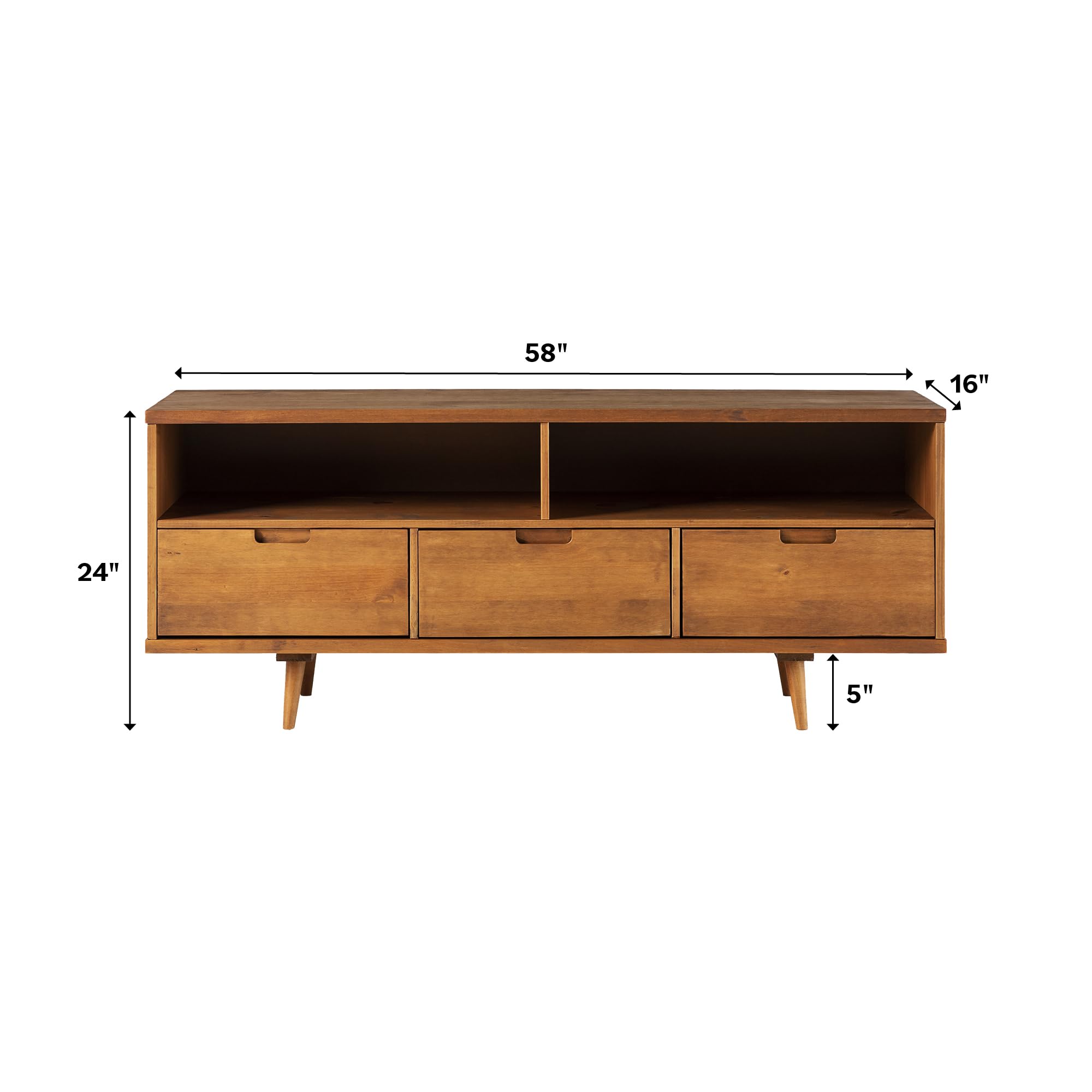 Walker Edison 3-Drawer Mid Century Modern Wood TV Stand for TV's up to 65" Flat Screen Cabinet Door Living Room Storage Entertainment Center, 58 Inch, Caramel