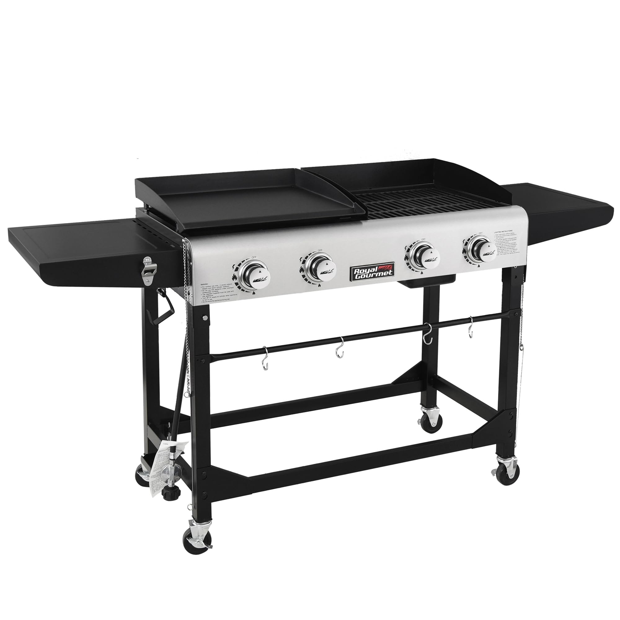Royal Gourmet GD401 Portable Propane Gas Grill and Griddle Combo with Side Table | 4-Burner, Folding Legs,Versatile, Outdoor | Black 66 Inch