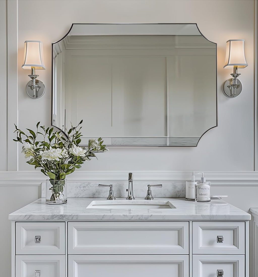 ANDY STAR Brushed Nickel Mirror 30x40 Inch, Scalloped Bathroom Mirror, Silver Bathroom Mirror in Anti-Rust Stainless Steel Metal Thin Frame Deep 1’’, Large Wall-Mounted Mirror (Horizontal/Vertical)