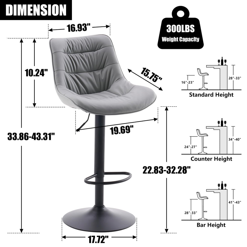 Kidol & Shellder Adjustable Bar Stools Set of 2, Faux Leather Counter Height BarStools with Back, Modern Mid Century Upholstered Bar stools for Kitchen Island Gray