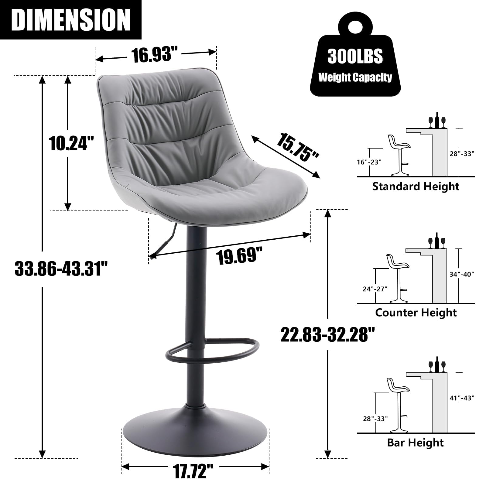 Kidol & Shellder Adjustable Bar Stools Set of 2, Faux Leather Counter Height BarStools with Back, Modern Mid Century Upholstered Bar stools for Kitchen Island Gray