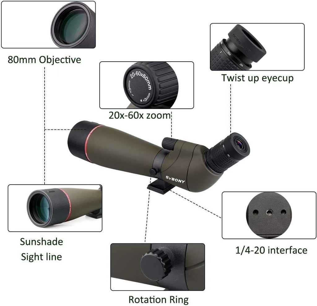 SVBONY SV13 Spotting Scope with SC002 WiFi Camera for Digiscoping, Waterproof & Fofproof, 20-60x80mm Long Range Spotter Scope for Wildlife Observation, Bird Watching