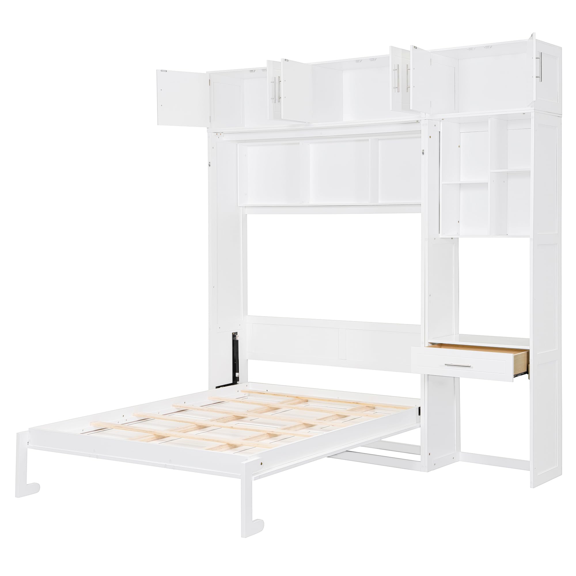 Merax Full Size Wall Murphy Bed with Desk, Top Cabinet and Storage Shelves, Space Saving Foldable Bed, Wooden Bed Frame