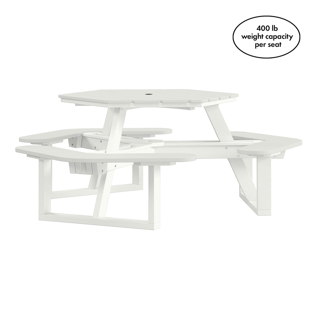 Shoreline Made in USA Hexagon Picnic Table, Seating for 6, Coconut White
