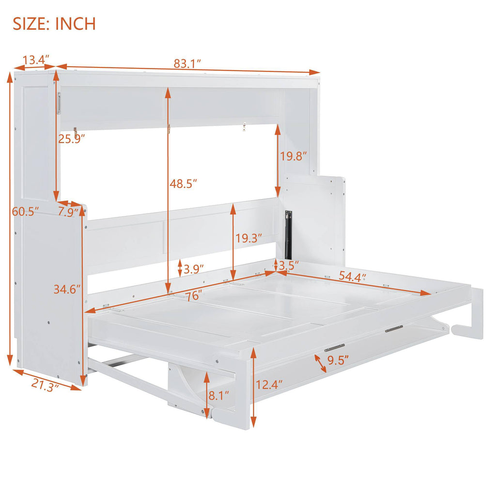 Ball & Cast Murphy Bed Full Size Hideaway Beds with Hydraulic Lift & Desk Design,Industrial Multifunction Wood Wall Cabinets Bedframe W/Hardware Chain,Space-Saving for Apartment,White