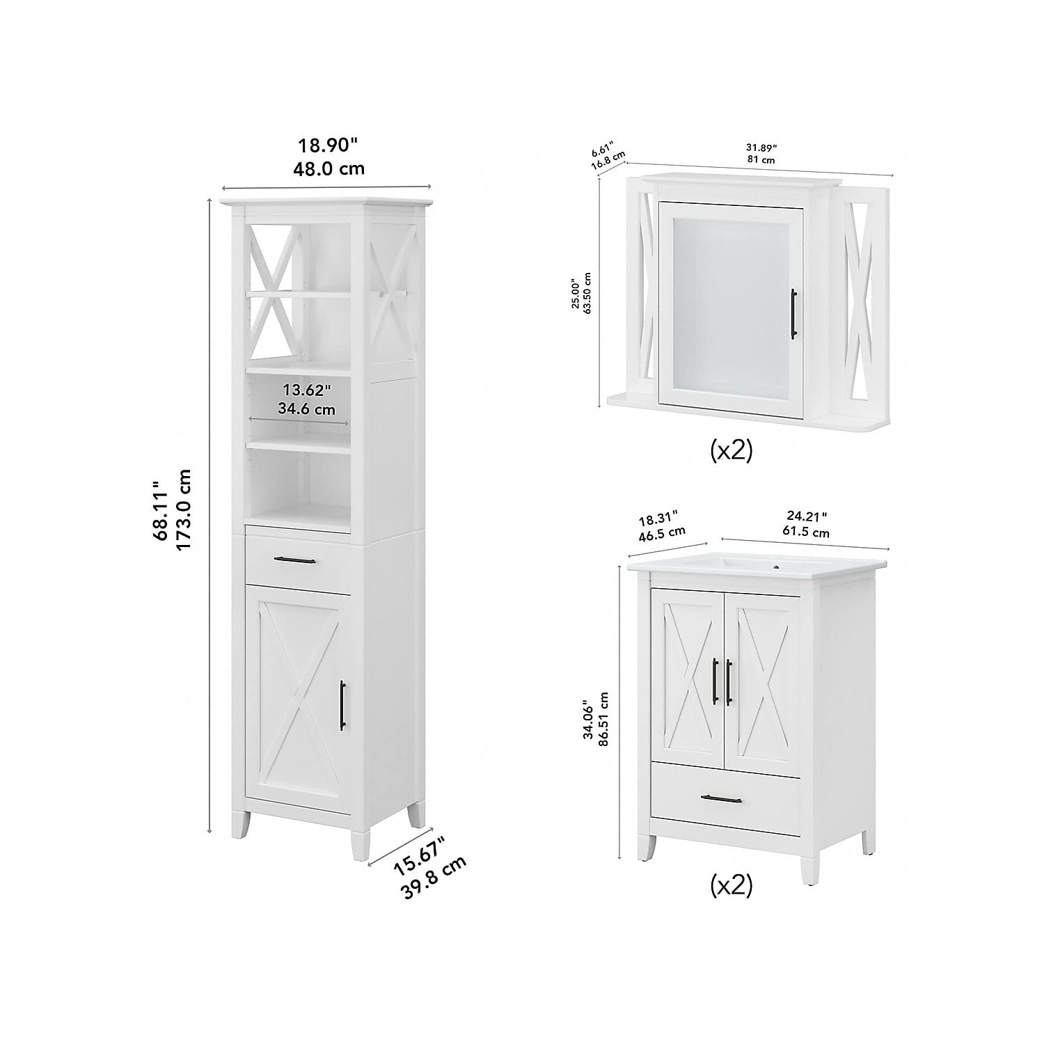Bush Home Key West 48W Double Vanity Set with Sinks, Medicine Cabinets and Linen Tower in White Ash