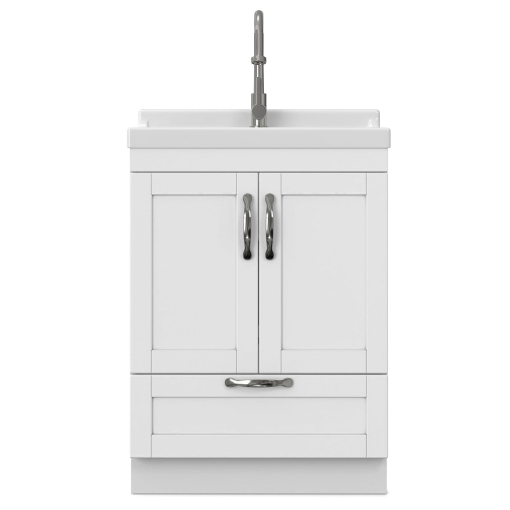 SIMPLIHOME Maile All-in-One 24 inch Wide Utility Sink and Laundry Cabinet in Pure White Finish, Transitional ABS Sink Cabinet for Laundry Rooms or Garage with High-Arch Chrome Faucet and Storage