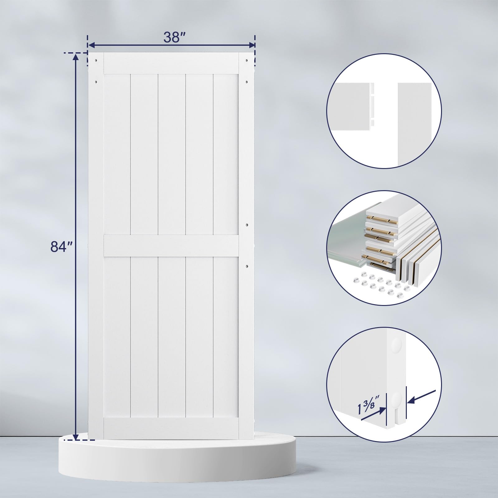 SmartStandard 38 x 84 inch White Sliding MDF Barn Door with 6.6FT Black Sliding Door Hardware Kit & Handle, Pre-Drilled Ready to Assemble, Waterproof PVC Coating, H-Frame