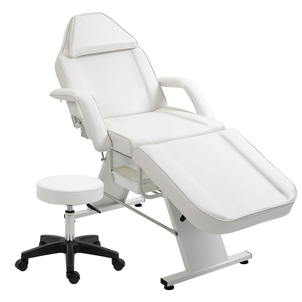Massage Salon Tattoo Chair with Two Trays Esthetician Bed with Hydraulic Stool,Multi Purpose 3 Section Facial Bed Table, Adjustable Beauty Barber Spa Beauty Equipment, White